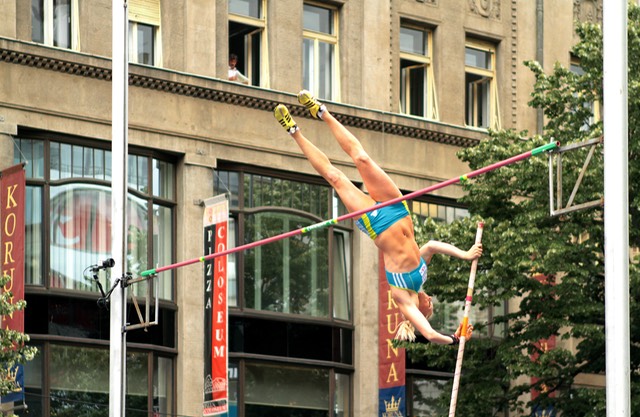 Long Pole jumping competition downtown Prague, Czech Rep.