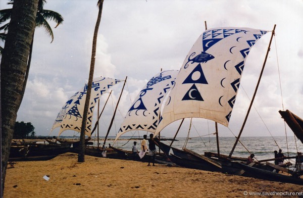Sri Lanka catamaran art three white blue sails