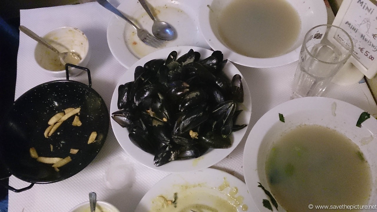 Leftover delicious mussel meal at restaurant Kombuis, Ostend belgium